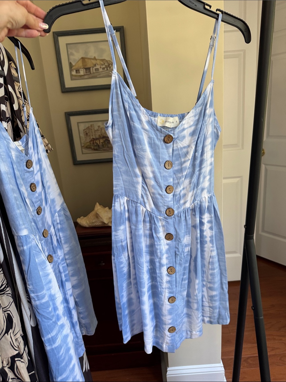 Revolve Light Blue Tie-Dye Button-Front Spaghetti Strap Dress